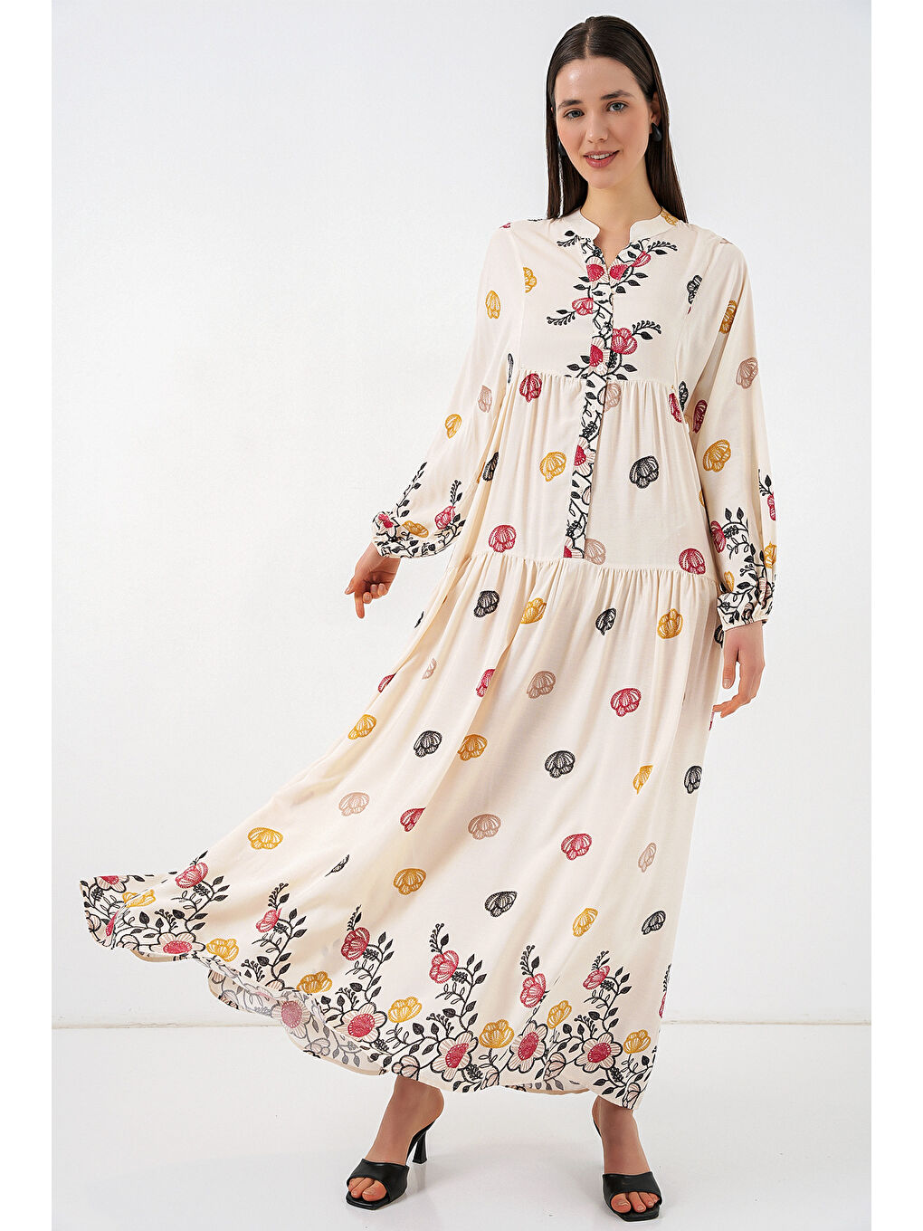 Kadın Desenli Uzun Tesettür Elbise 2585 - Y.Bej-3