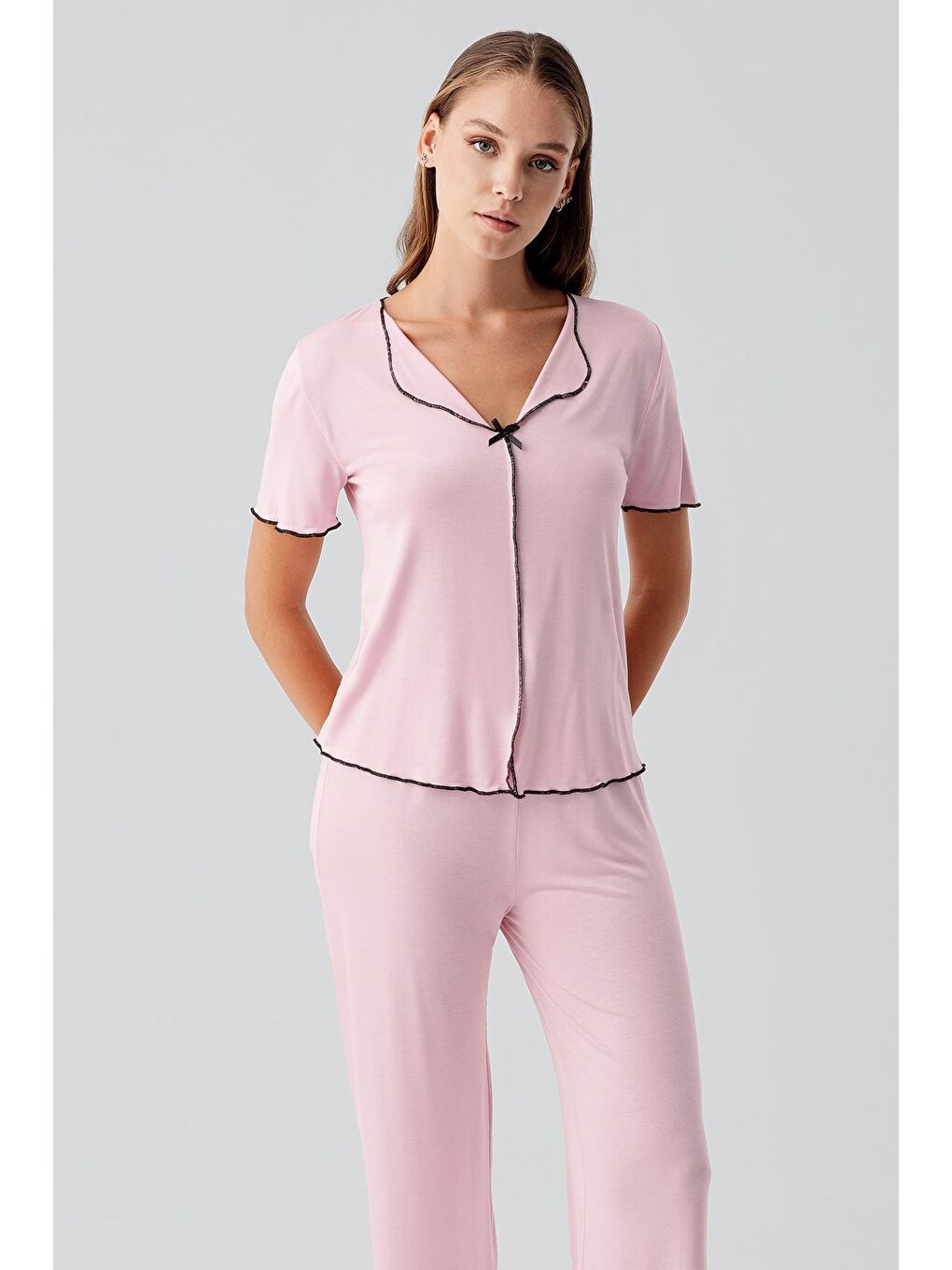 Pembe Kısa Kollu Fiyonklu Esnek Viskoz Pijama Takım 19214-3