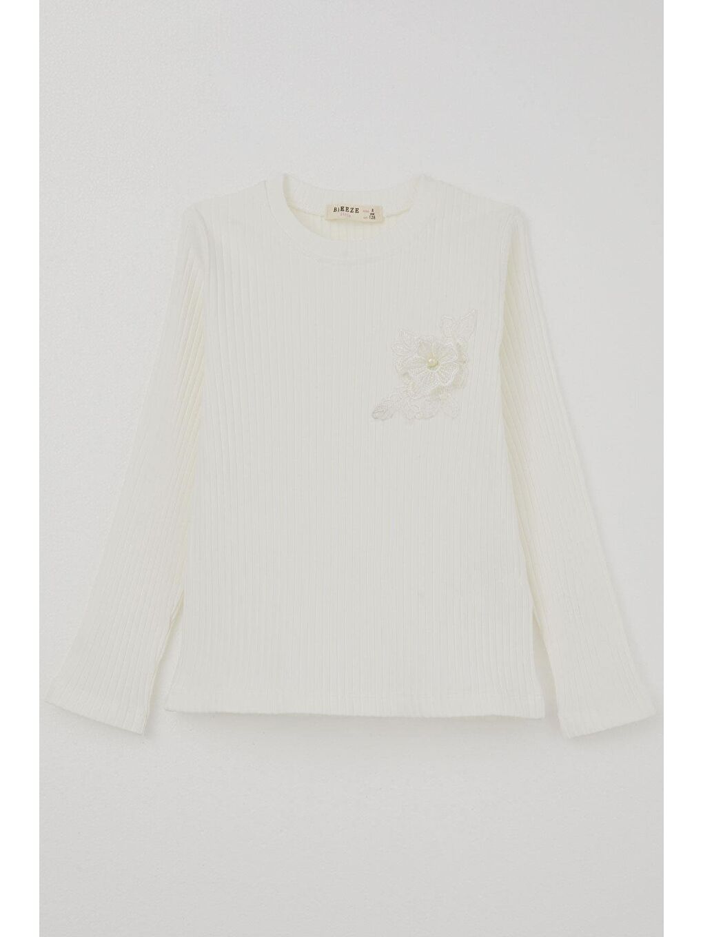 Kız Çocuk Uzun Kollu Tişört Güpür Armalı İncili Ekru (8-11 Yaş)