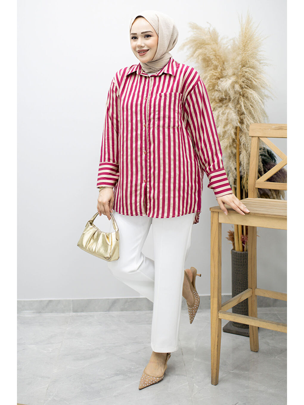 Çizgili Cepli Gömlek TSD260174 Fuşya-4