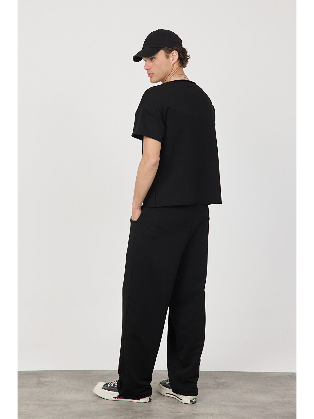 Erkek Blank Siyah Ayarlanabilir Paça Eşofman Altı-4