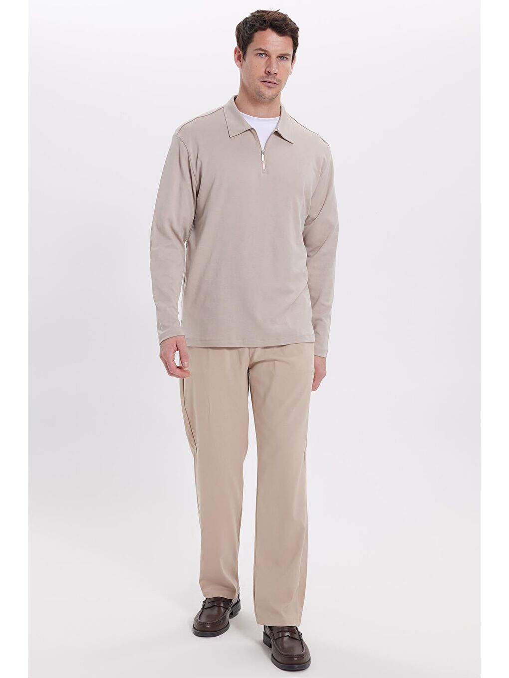 Bej Erkek Relax Fit Rahat Kesim %100 Pamuk Yarım Fermuarlı Polo Yaka İnterlok Taş Sweatshirt-3