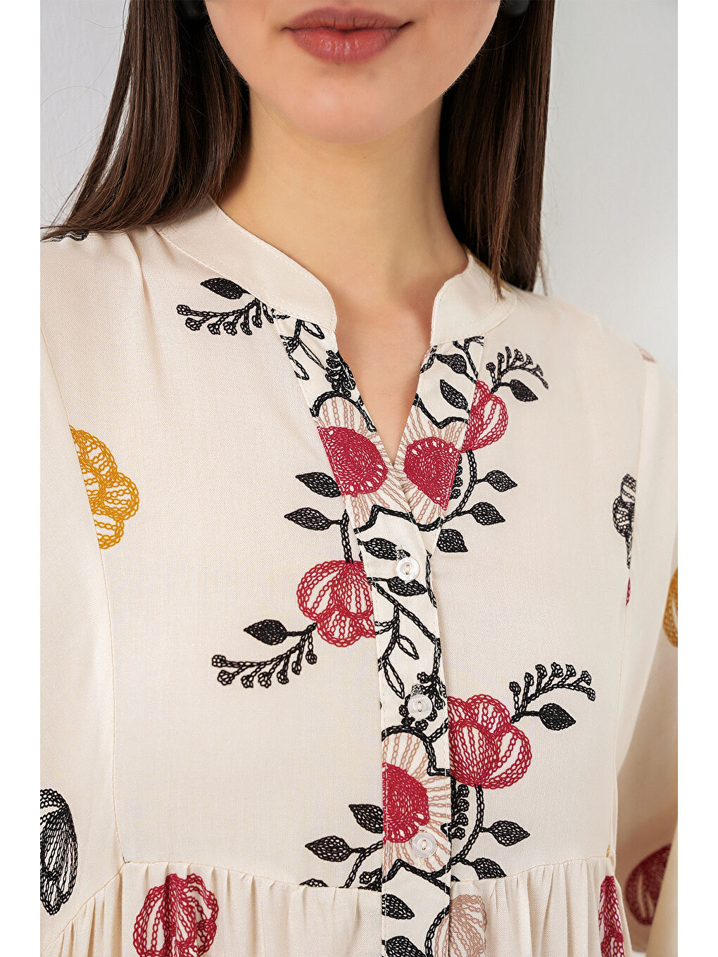 Kadın Desenli Uzun Tesettür Elbise 2585 - Y.Bej-4