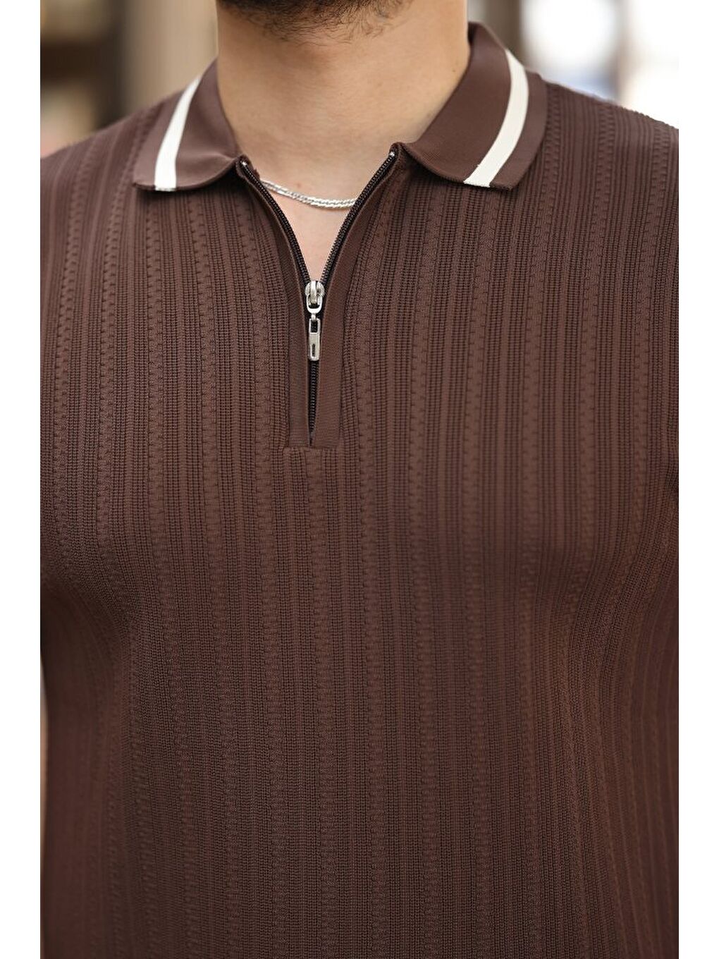 Kahverengi Erkek Yaka Ve Kolları çizgi Detaylı Fermuarlı Kısa Kollu T-shirt-2