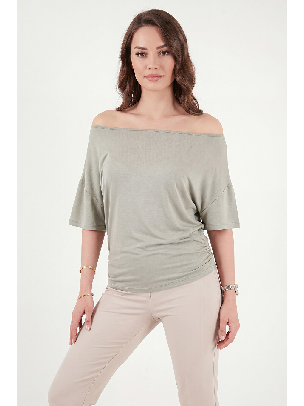 Yeşil Standart Fit Drape Detaylı Yarasa Kol T Shirt 5866962-1