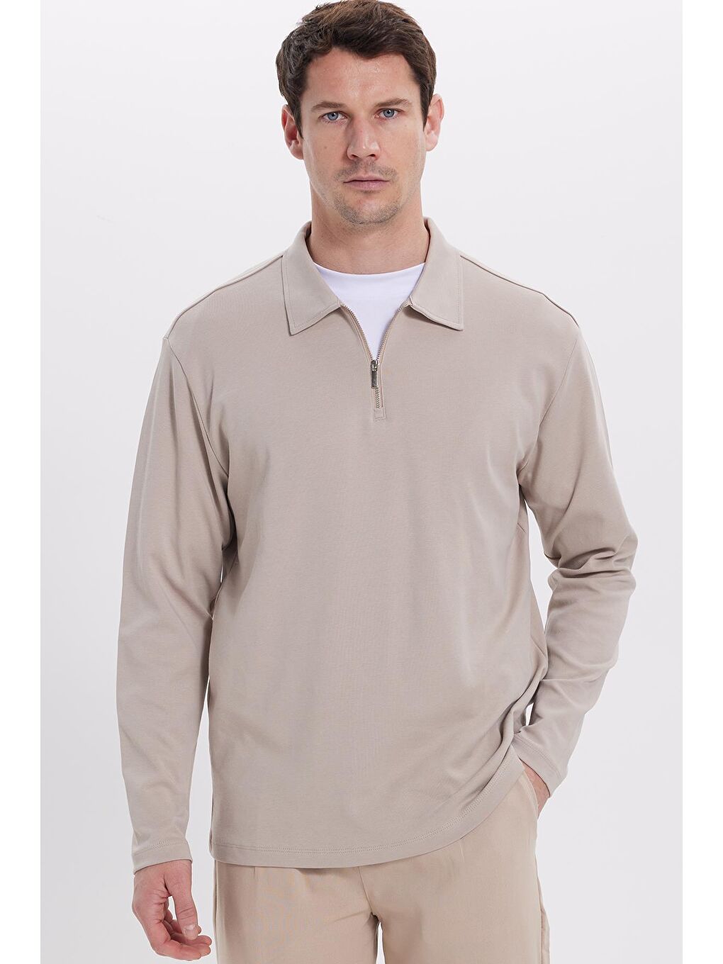 Bej Erkek Relax Fit Rahat Kesim %100 Pamuk Yarım Fermuarlı Polo Yaka İnterlok Taş Sweatshirt-4