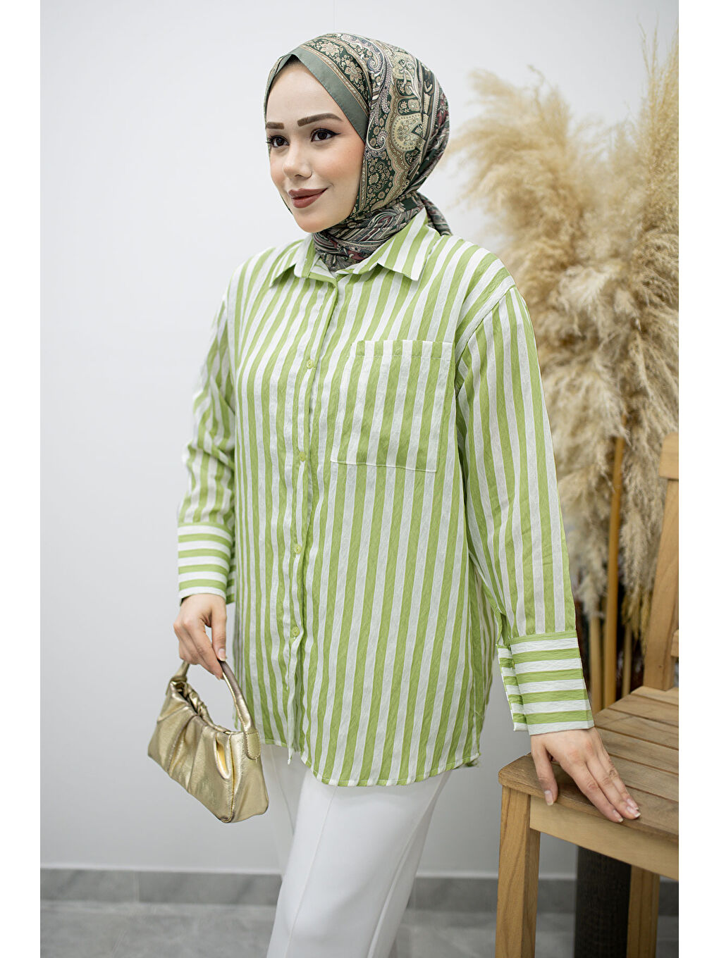 Çizgili Cepli Gömlek TSD260174 Yeşil-1