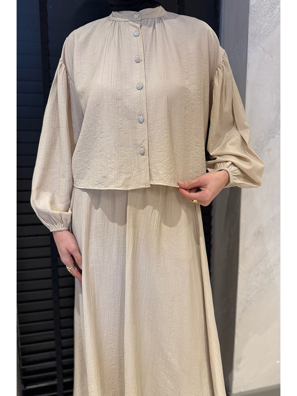 Bej Cep Detaylı Etek Gömlek Tesettür İkili Takım-4