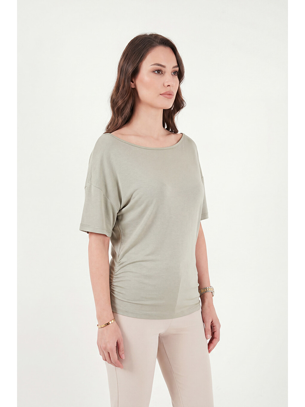 Yeşil Standart Fit Drape Detaylı Yarasa Kol T Shirt 5866962-3