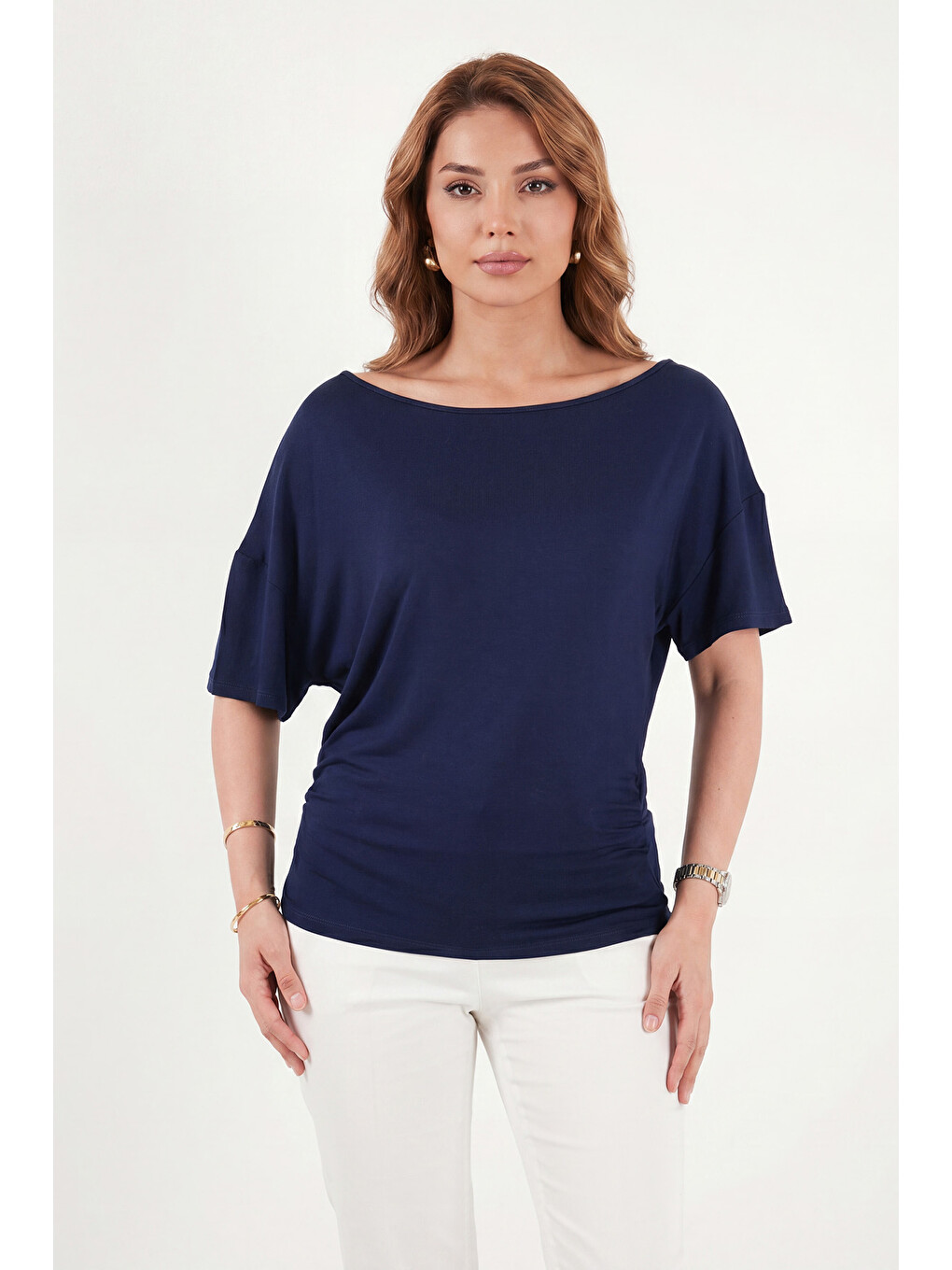 Lacivert Standart Fit Drape Detaylı Yarasa Kol T Shirt 5866962-1