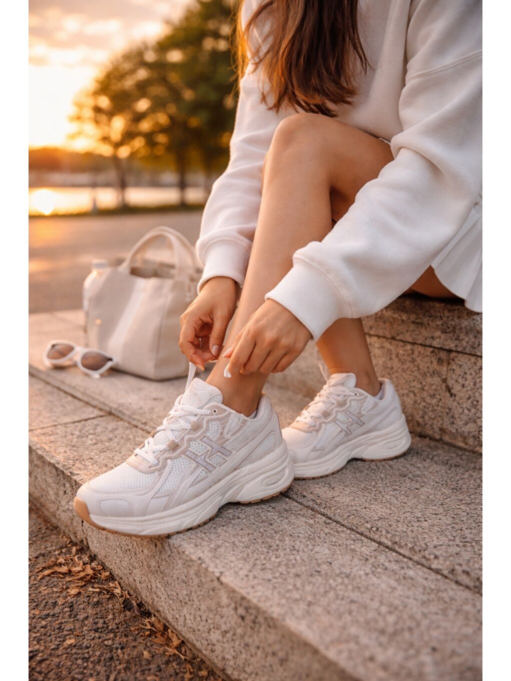 Bej HYNEX Kadın Kalın Taban Bağcıklı Günlük Sneaker Spor Ayakkabı-2