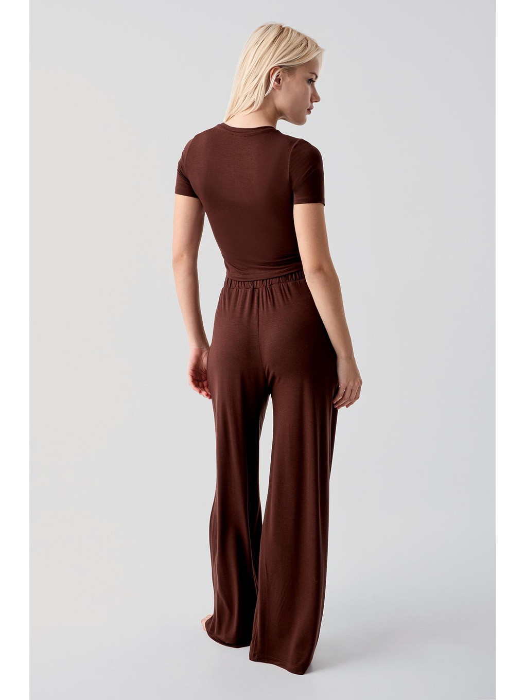 Kahverengi Kısa Kollu Crop Bol Paça Esnek Elastanlı Viskoz Soft Pijama Takım 17216-6