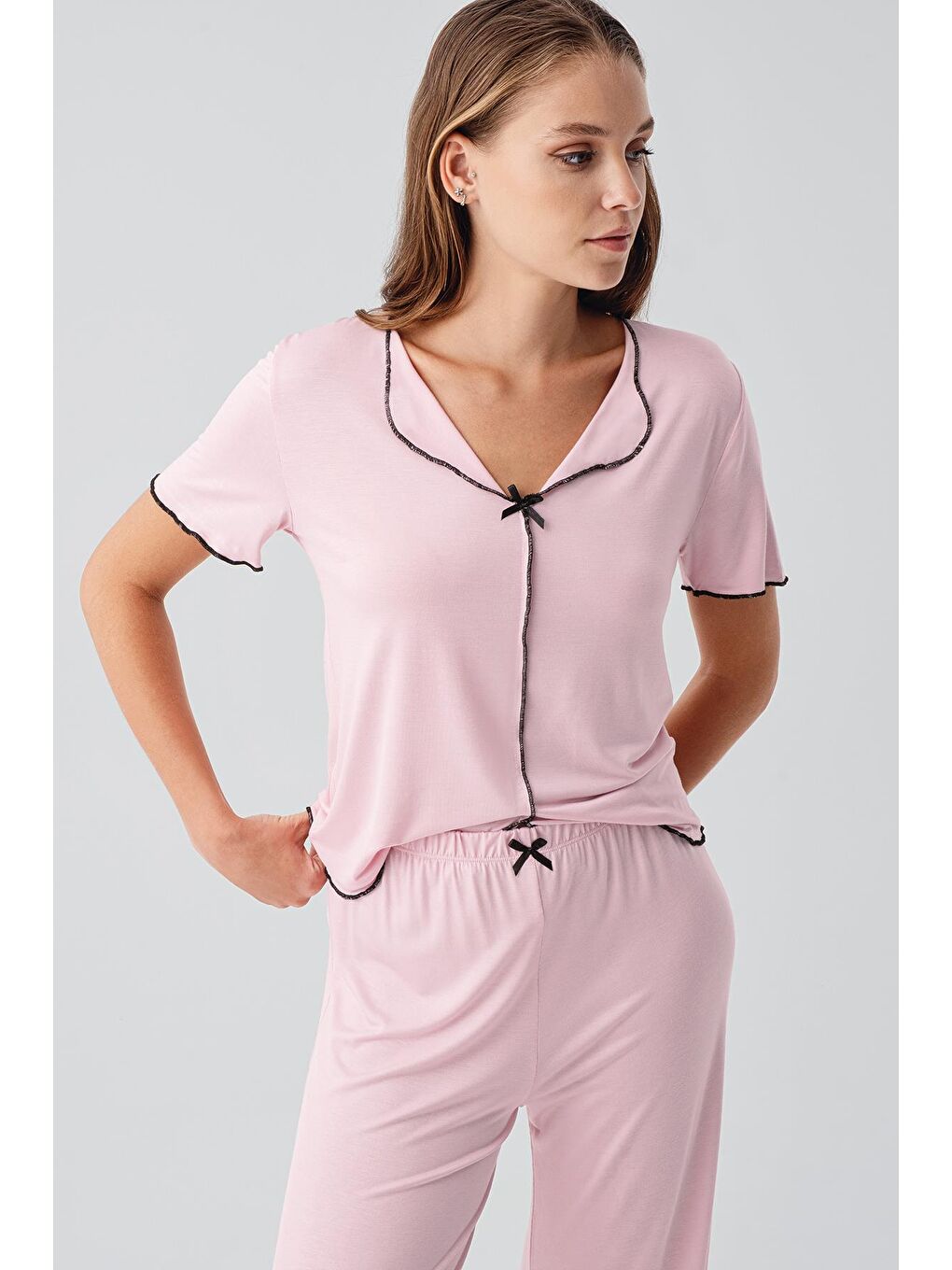 Pembe Kısa Kollu Fiyonklu Esnek Viskoz Pijama Takım 19214-4