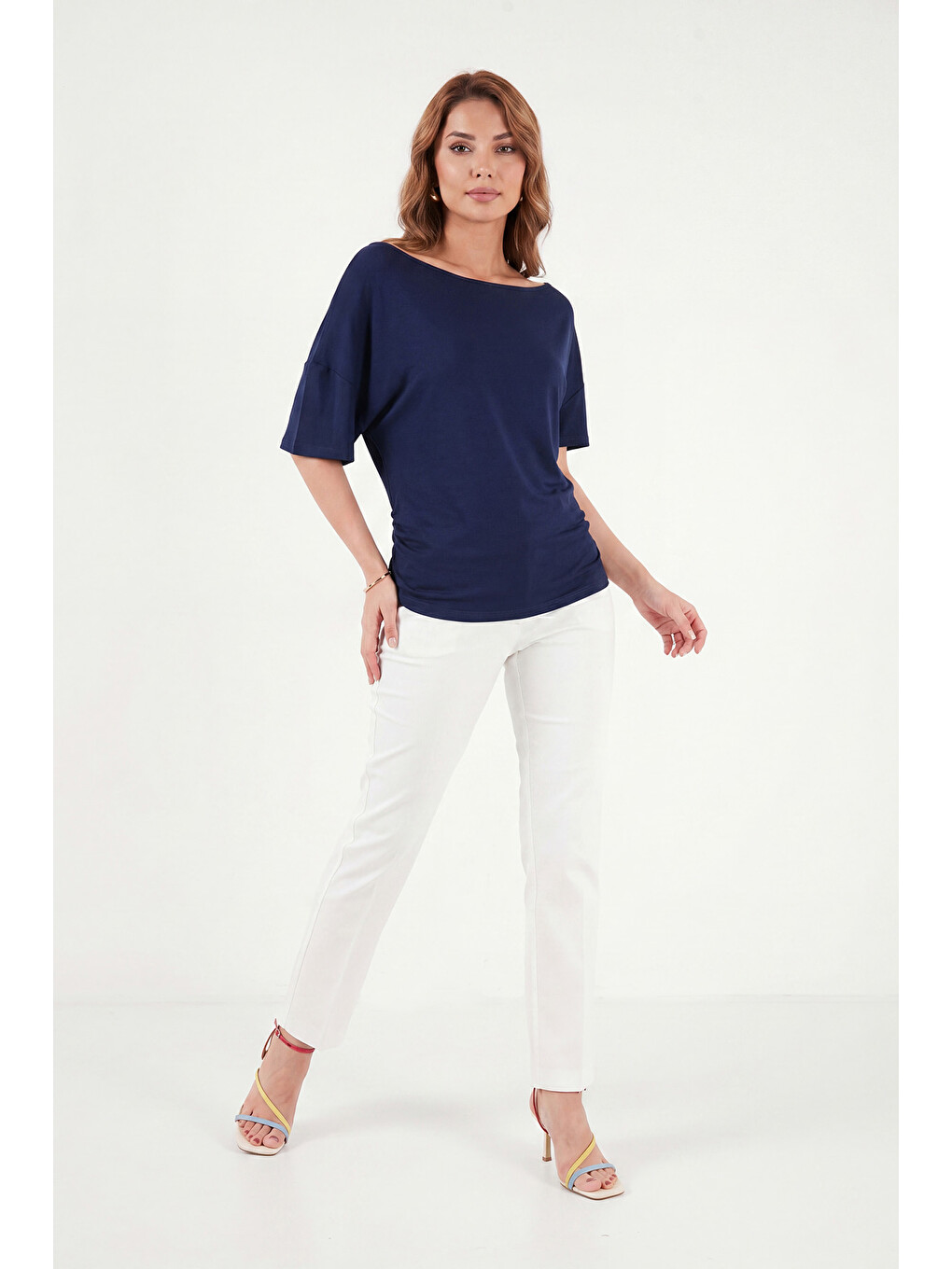 Lacivert Standart Fit Drape Detaylı Yarasa Kol T Shirt 5866962-2