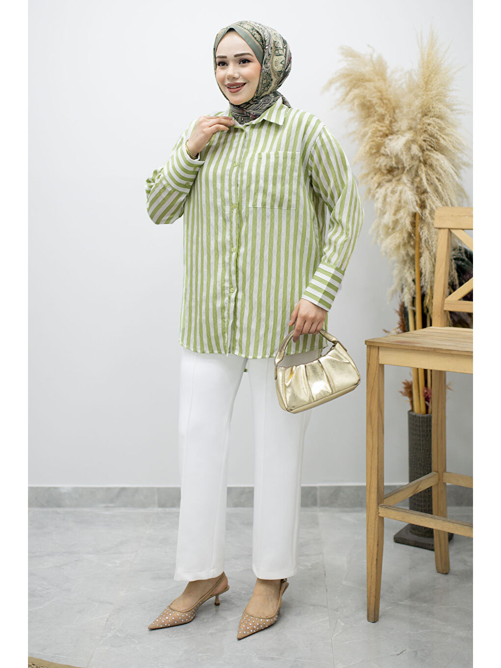 Çizgili Cepli Gömlek TSD260174 Yeşil-2