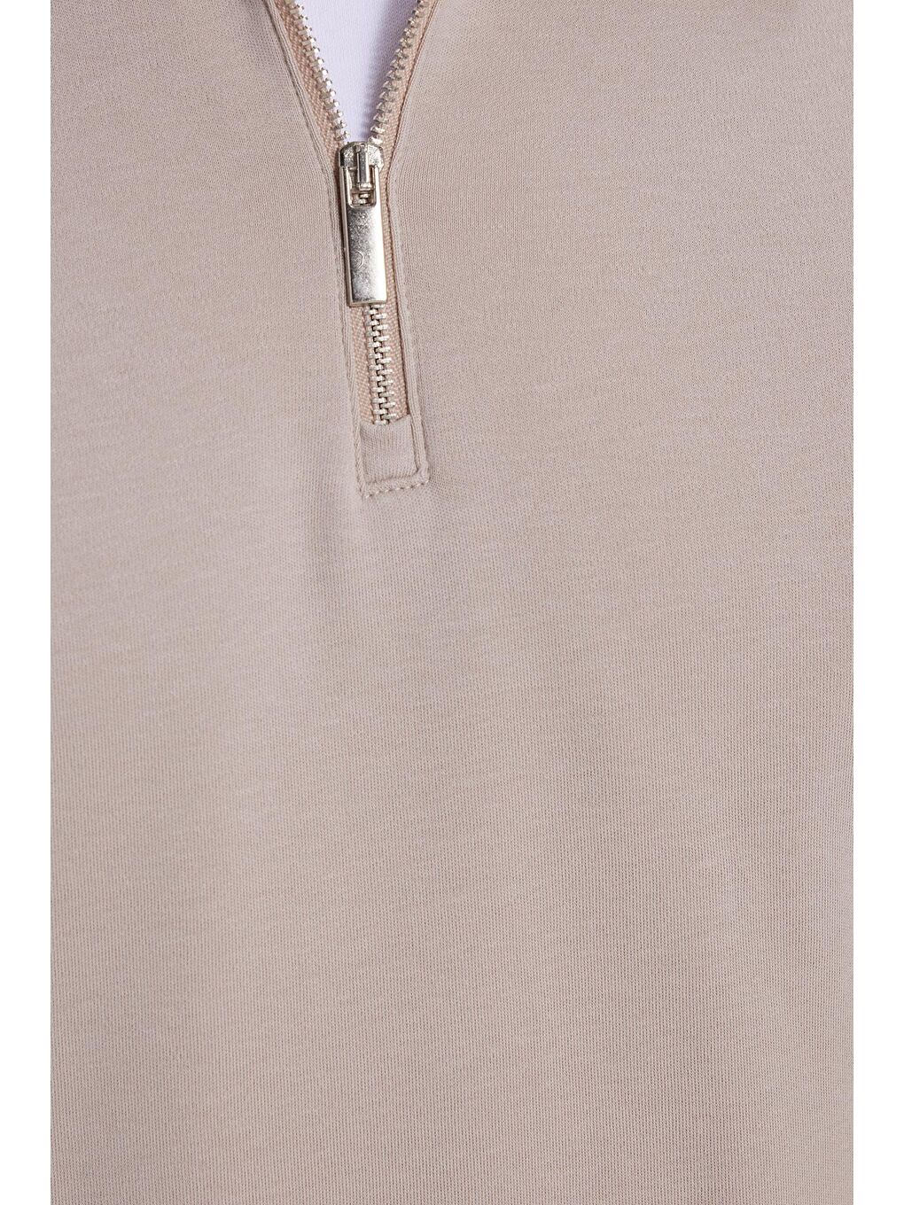 Bej Erkek Relax Fit Rahat Kesim %100 Pamuk Yarım Fermuarlı Polo Yaka İnterlok Taş Sweatshirt-5