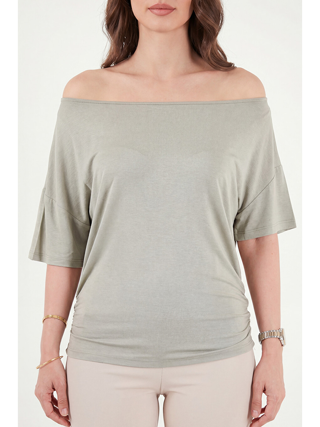 Yeşil Standart Fit Drape Detaylı Yarasa Kol T Shirt 5866962-5