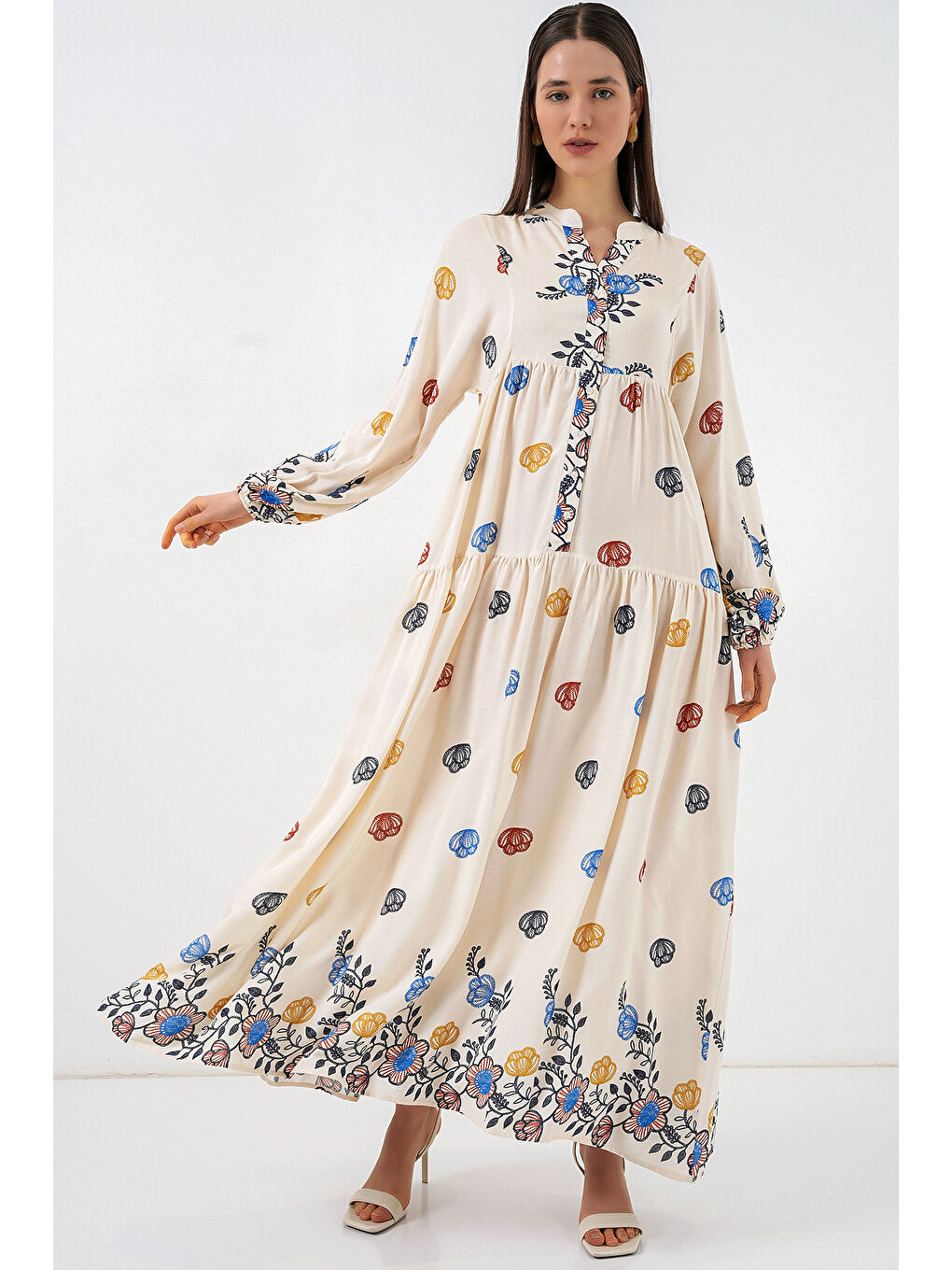 Kadın Desenli Uzun Tesettür Elbise 2585 - Lacivert 8