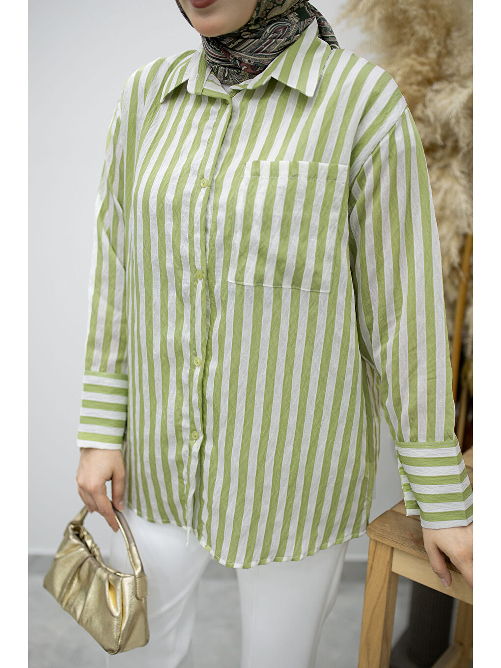 Çizgili Cepli Gömlek TSD260174 Yeşil-3