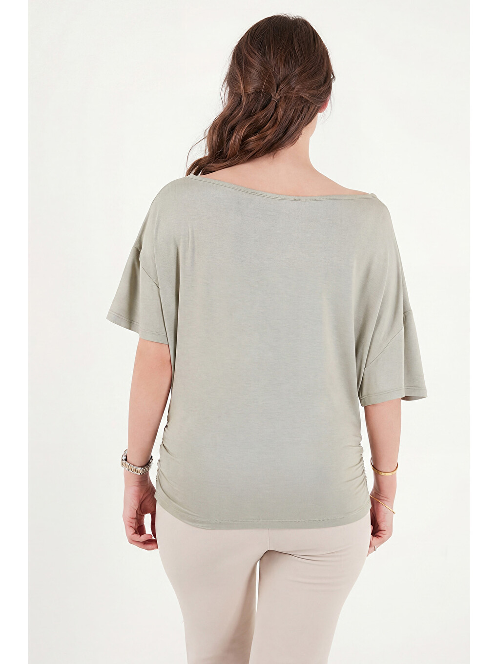Yeşil Standart Fit Drape Detaylı Yarasa Kol T Shirt 5866962-6