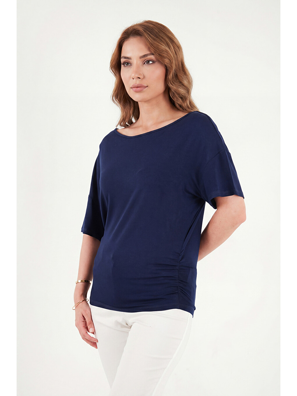 Lacivert Standart Fit Drape Detaylı Yarasa Kol T Shirt 5866962-4