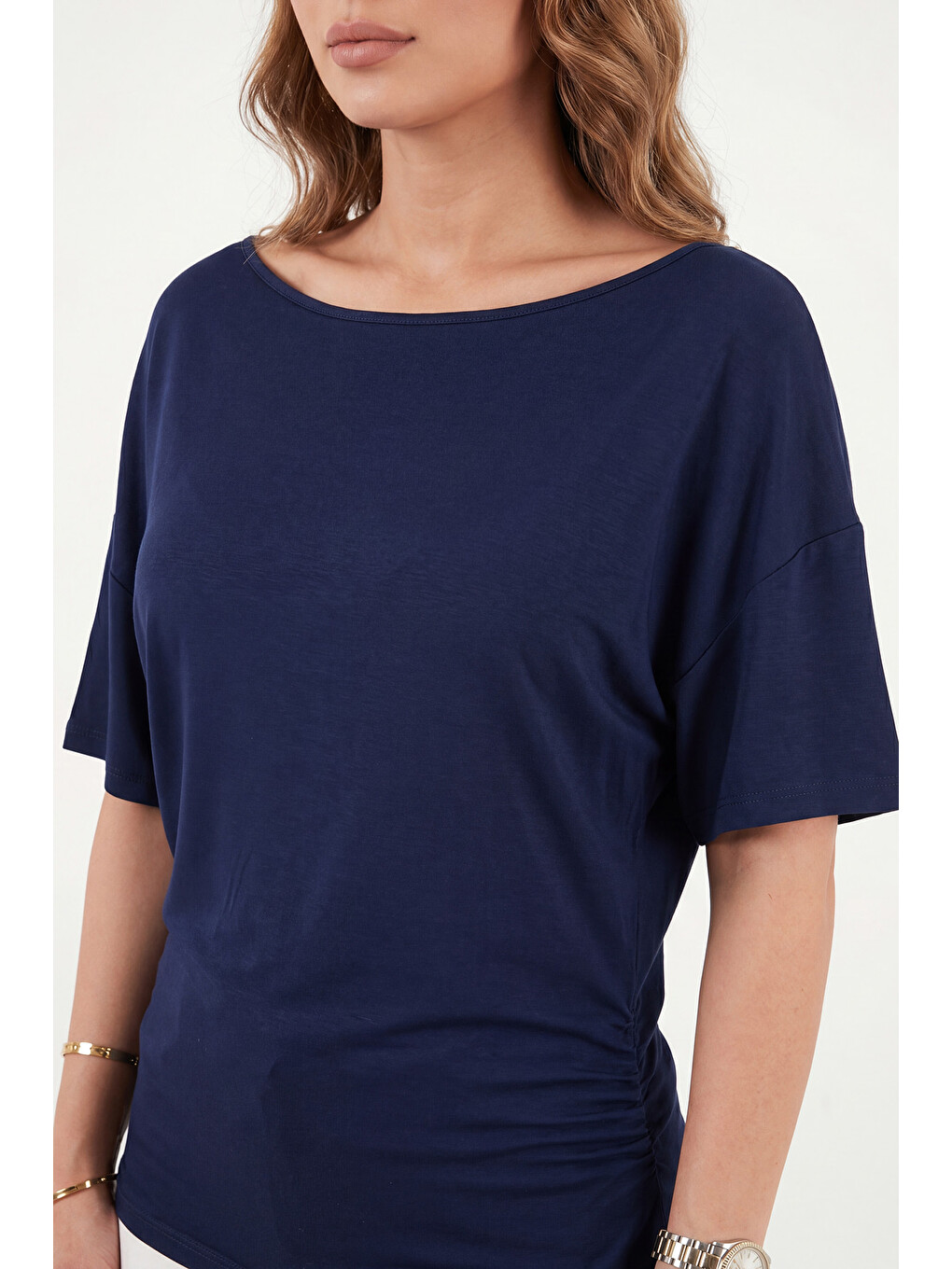 Lacivert Standart Fit Drape Detaylı Yarasa Kol T Shirt 5866962-5