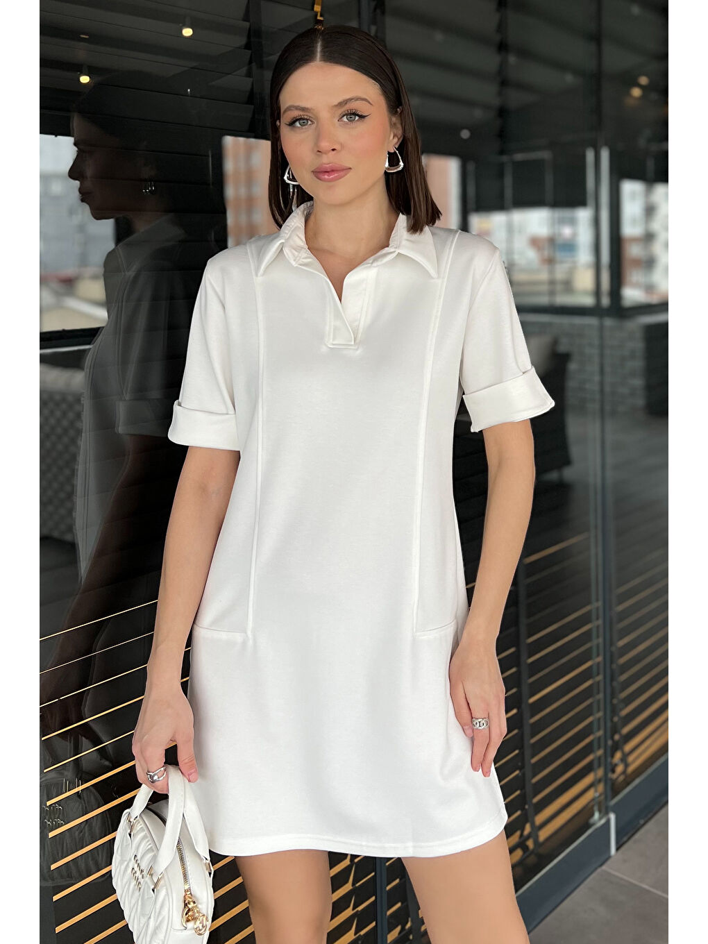 Ekru Polo Yaka Duble Kol Kadın Elbise-1