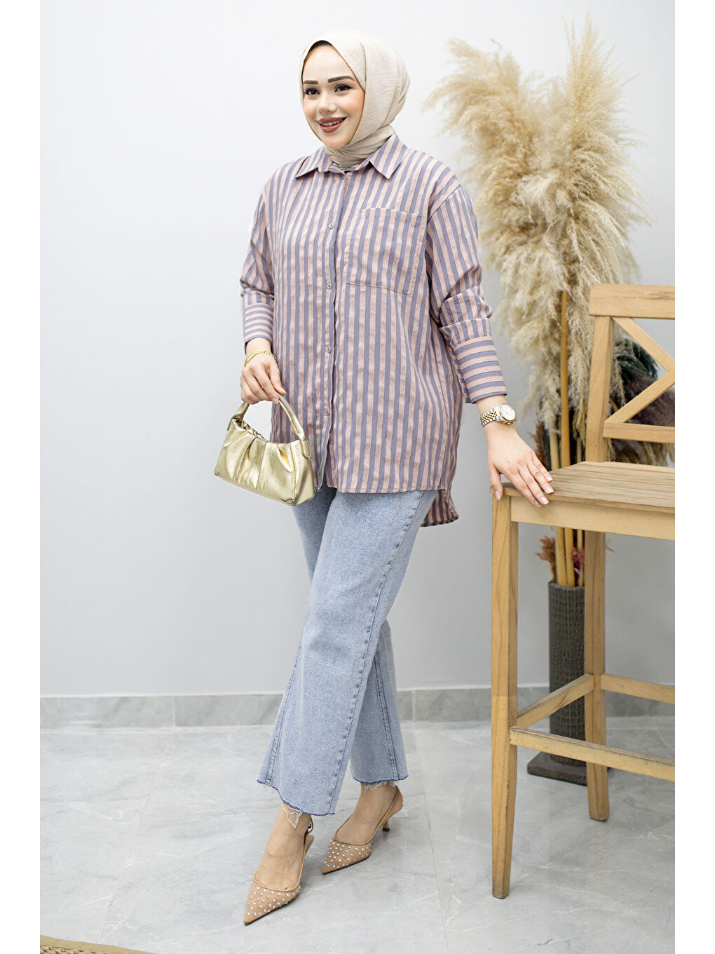 Pembe Çizgili Cepli Gömlek TSD260174 Pudra