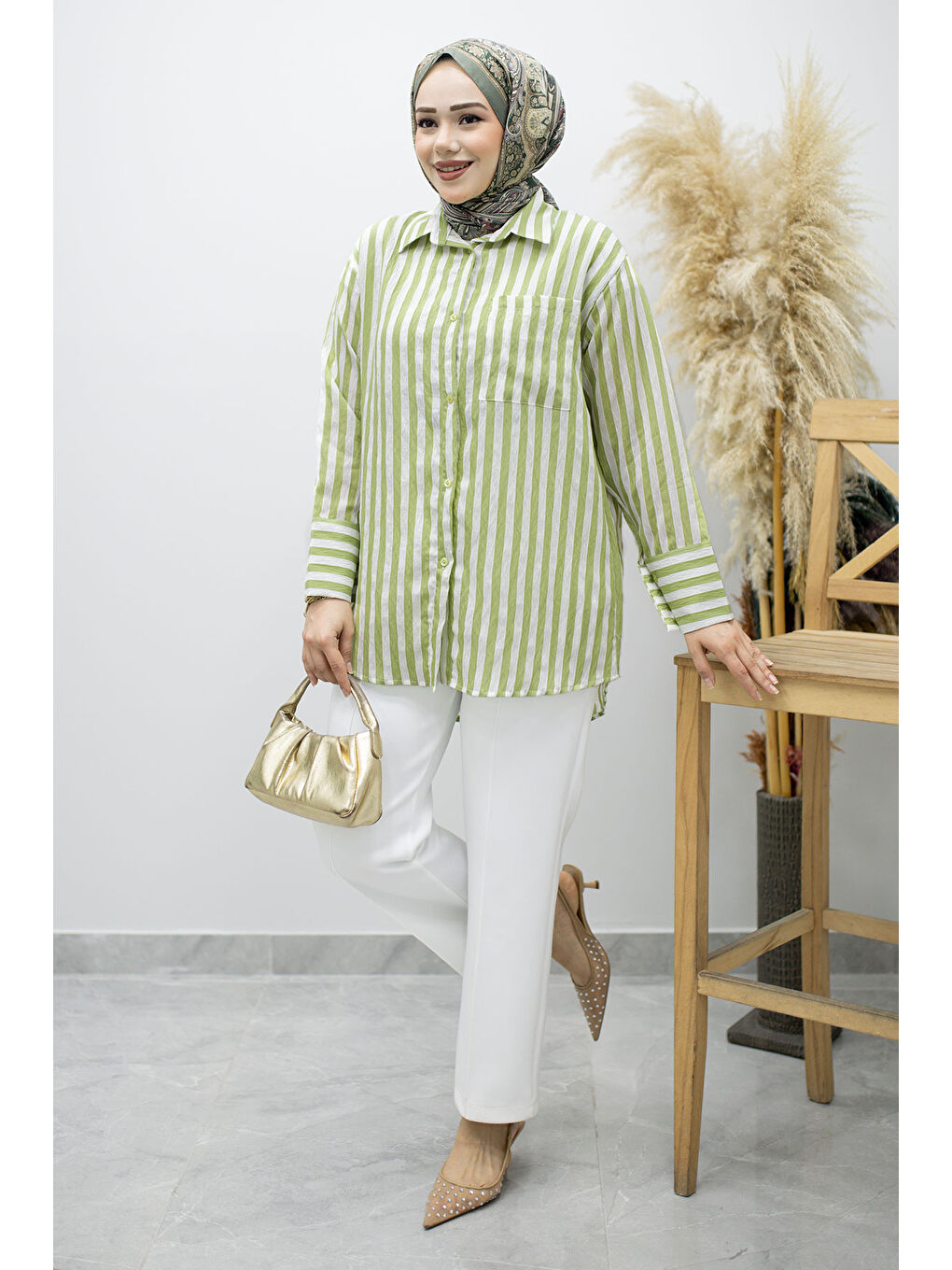 Çizgili Cepli Gömlek TSD260174 Yeşil-4