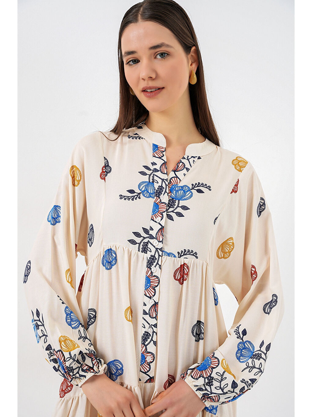 Kadın Desenli Uzun Tesettür Elbise 2585 - Lacivert 8-1