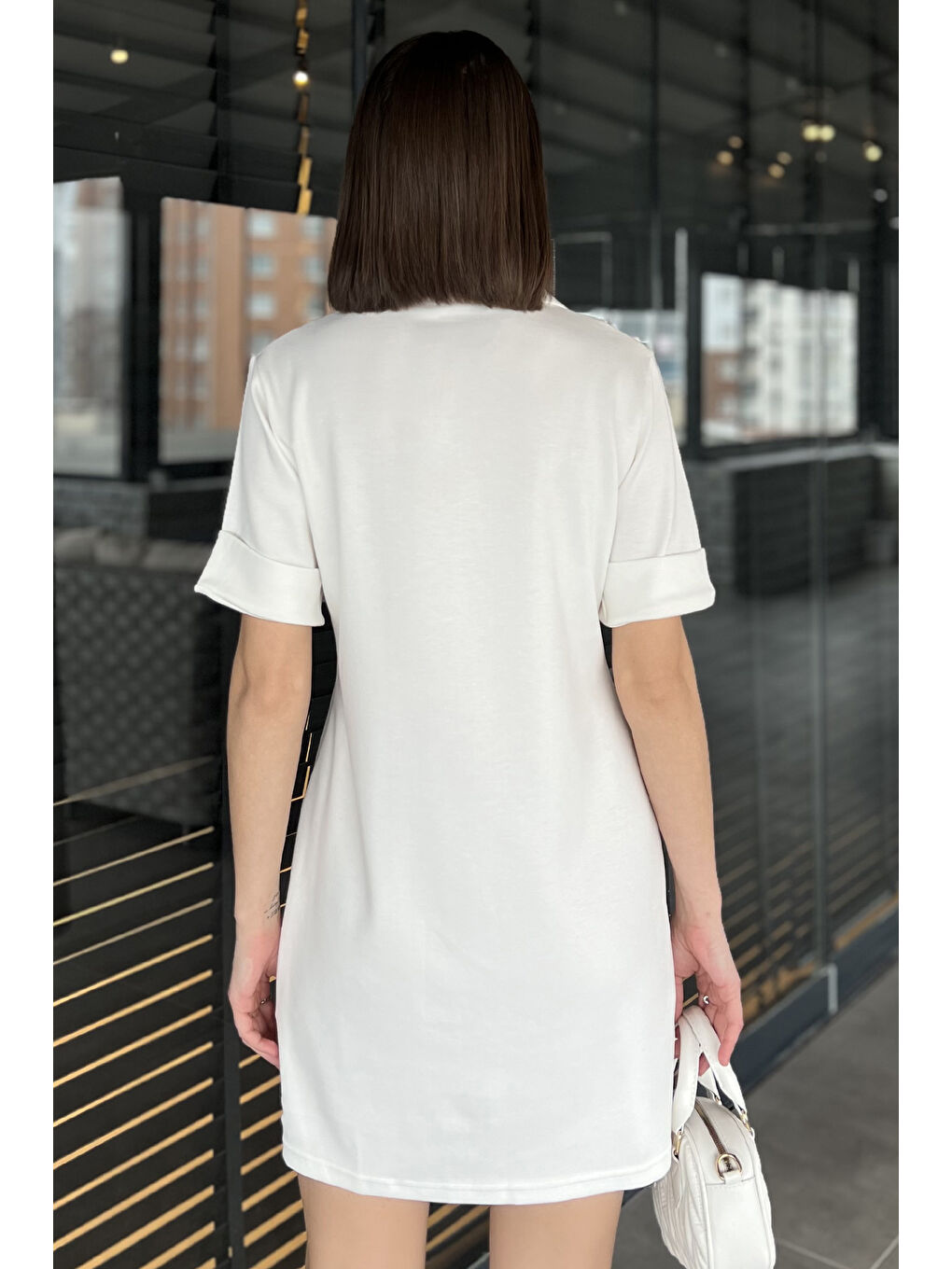 Ekru Polo Yaka Duble Kol Kadın Elbise-2