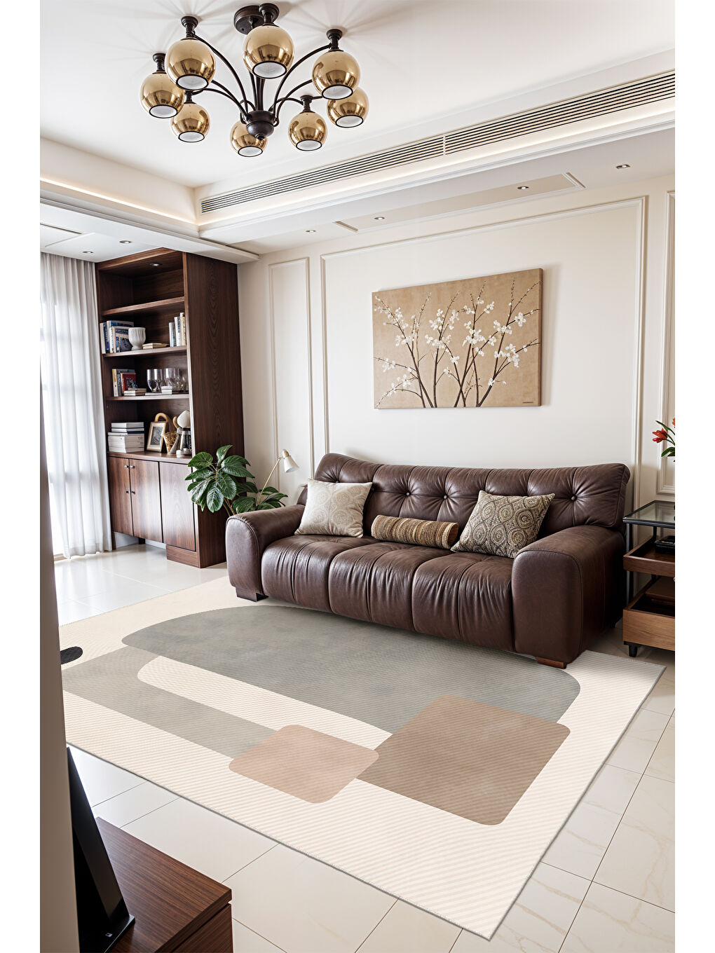 Ekru Dekoratif Salon Halısı, Makinada Yıkanabilir, Kaymaz Taban, İnce & Modern Tasarım-1