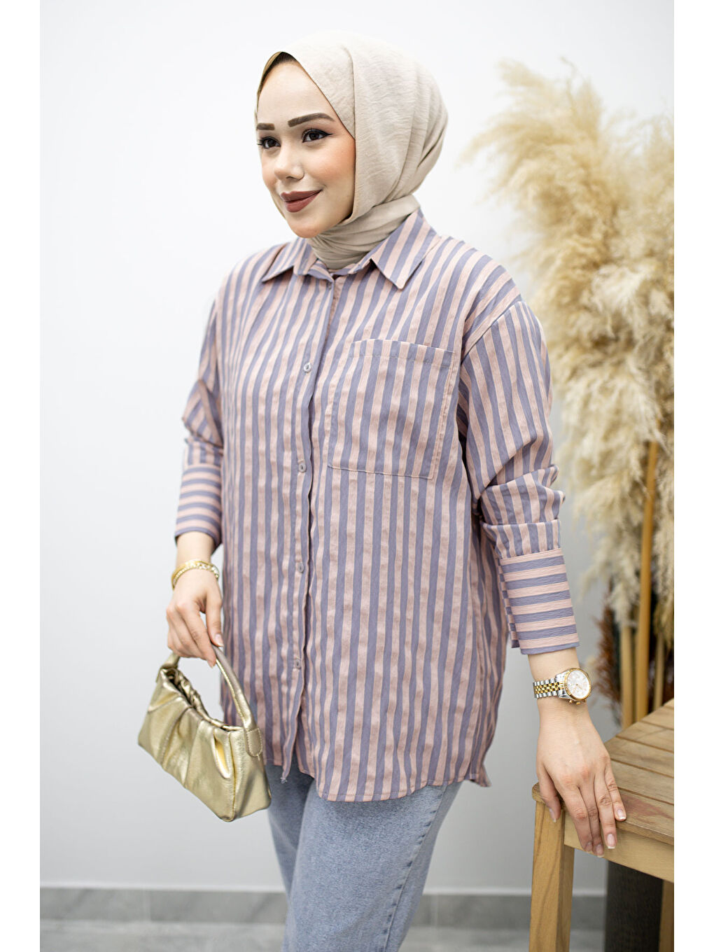 Pembe Çizgili Cepli Gömlek TSD260174 Pudra-1