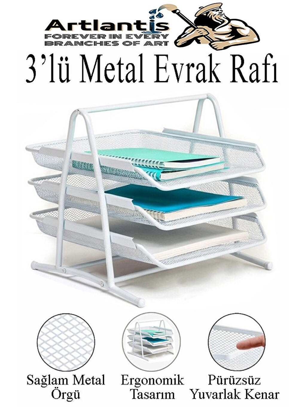 Renkli Metal Evrak Rafı 3 Lü 1 Paket Masa Üstü A4 Dosya Düzenleyici