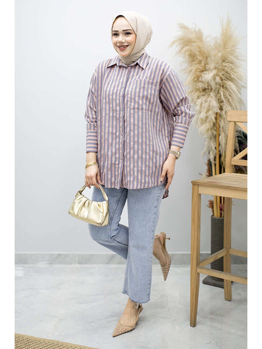 Pembe Çizgili Cepli Gömlek TSD260174 Pudra-2
