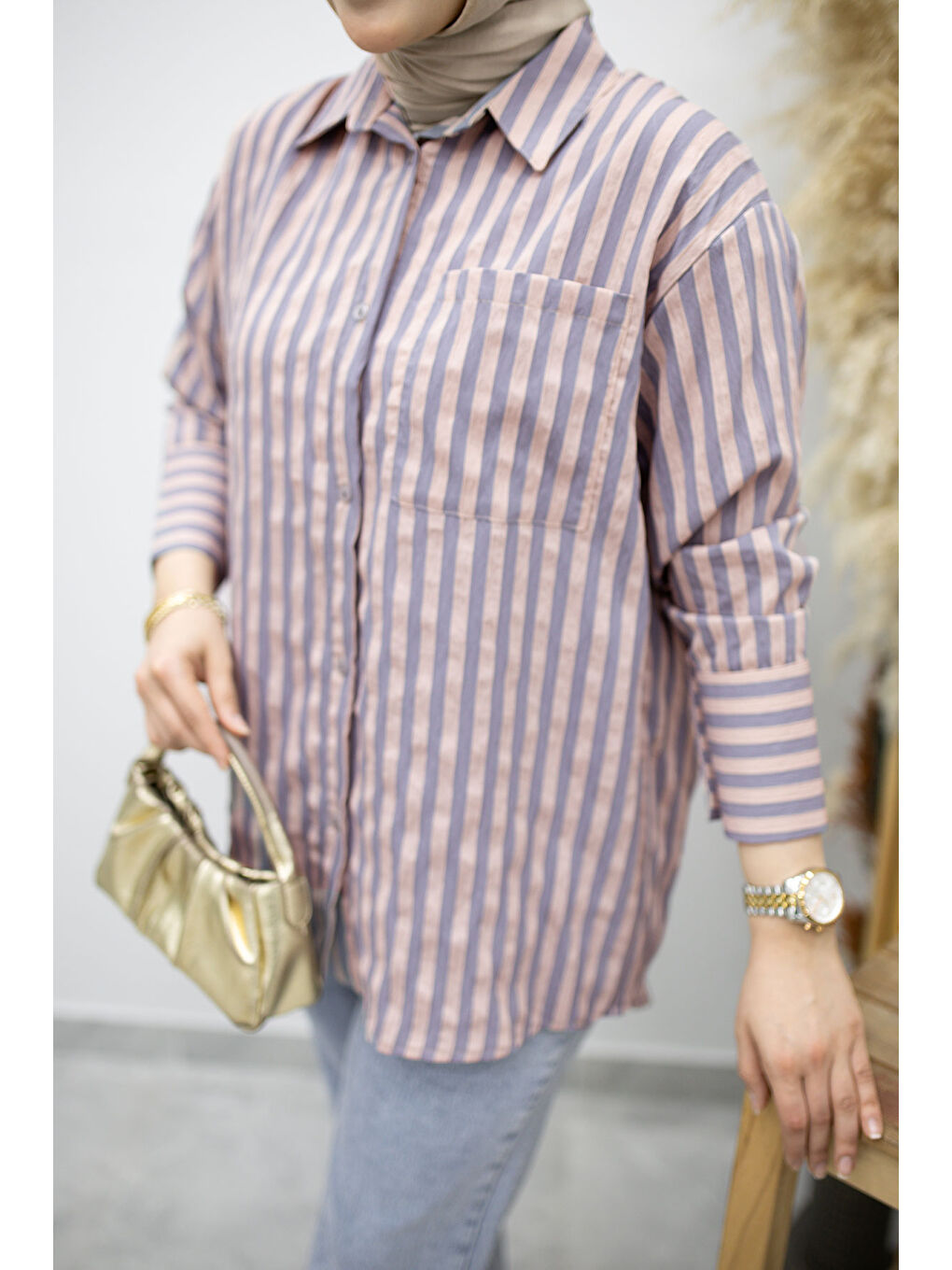 Pembe Çizgili Cepli Gömlek TSD260174 Pudra-3