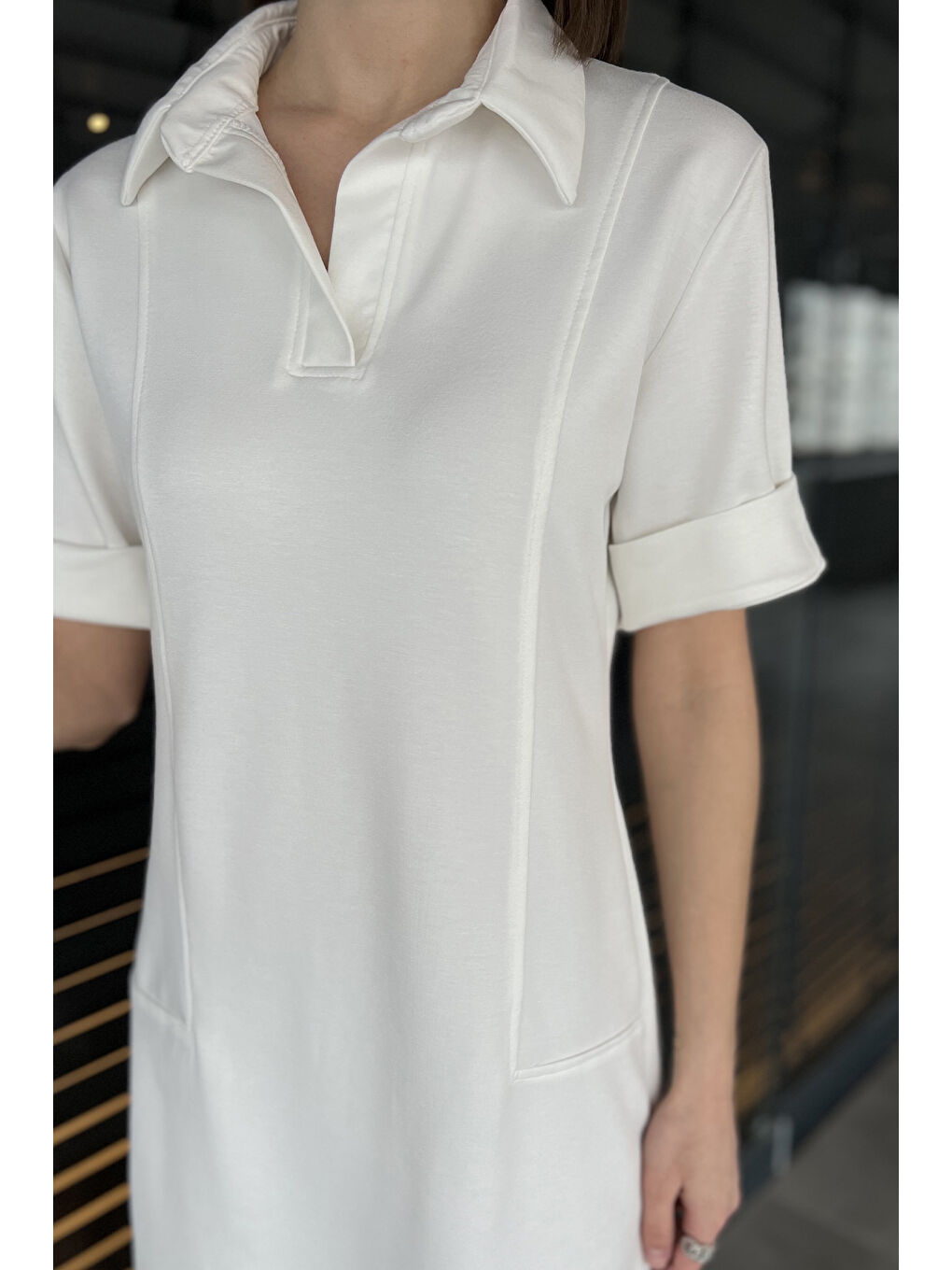 Ekru Polo Yaka Duble Kol Kadın Elbise-3