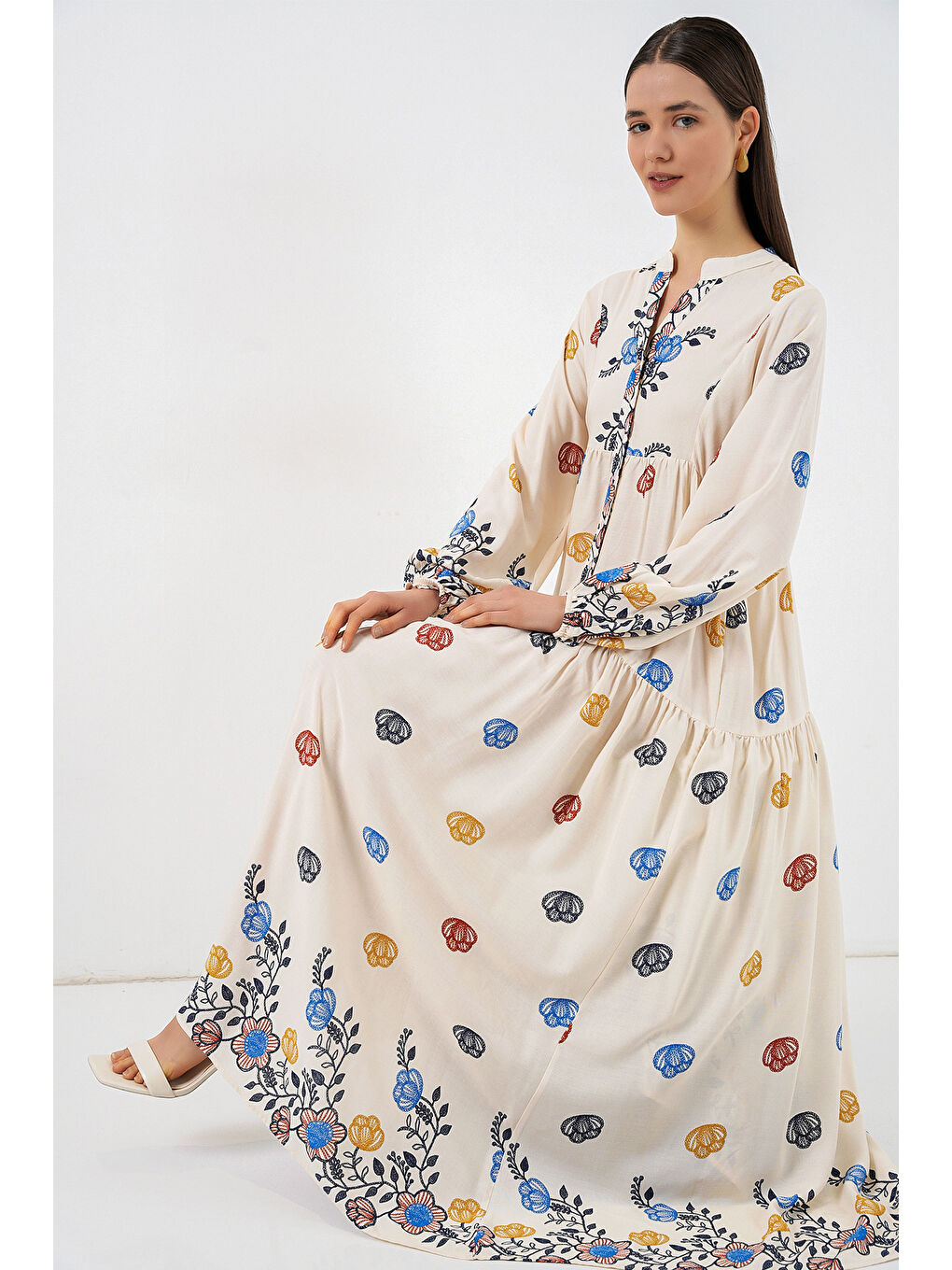 Kadın Desenli Uzun Tesettür Elbise 2585 - Lacivert 8-2