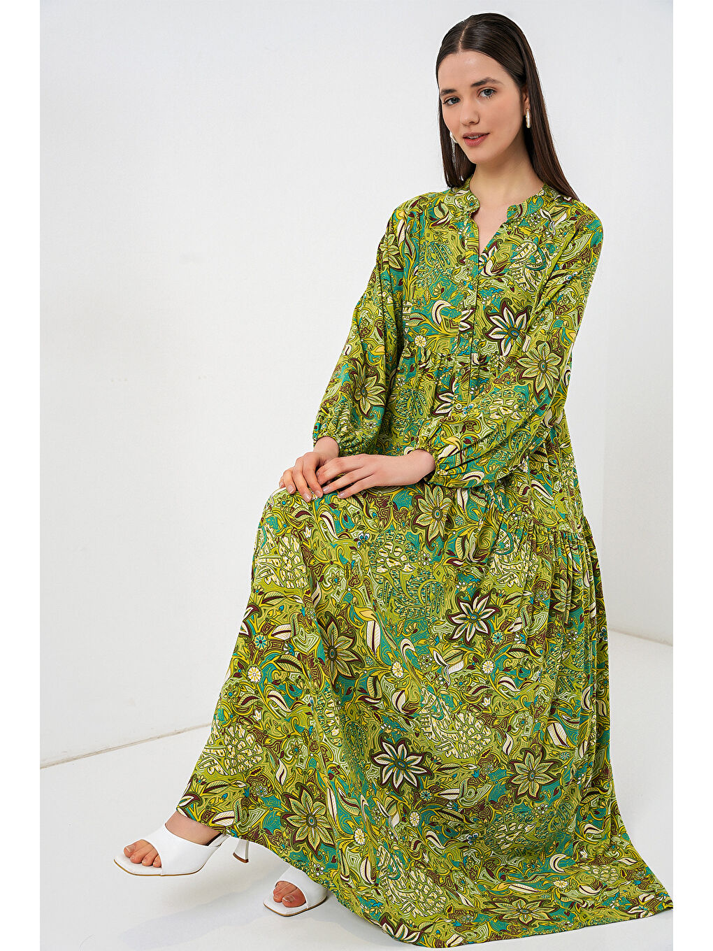 Bej Kadın Desenli Uzun Tesettür Elbise 2585 - G.Yeşil-1