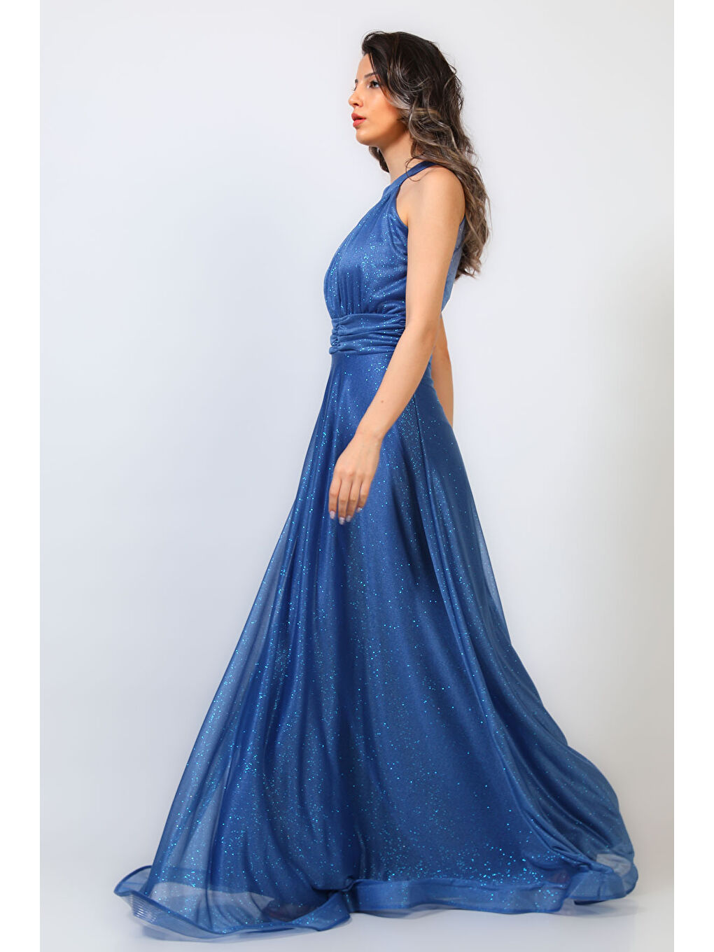 İndigo Kadın Ön Pencere Detaylı Simli Abiye Elbise-1