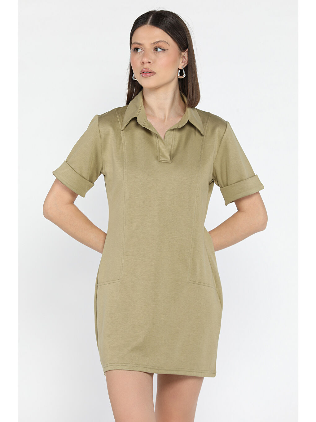 Haki Polo Yaka Duble Kol Kadın Elbise-1