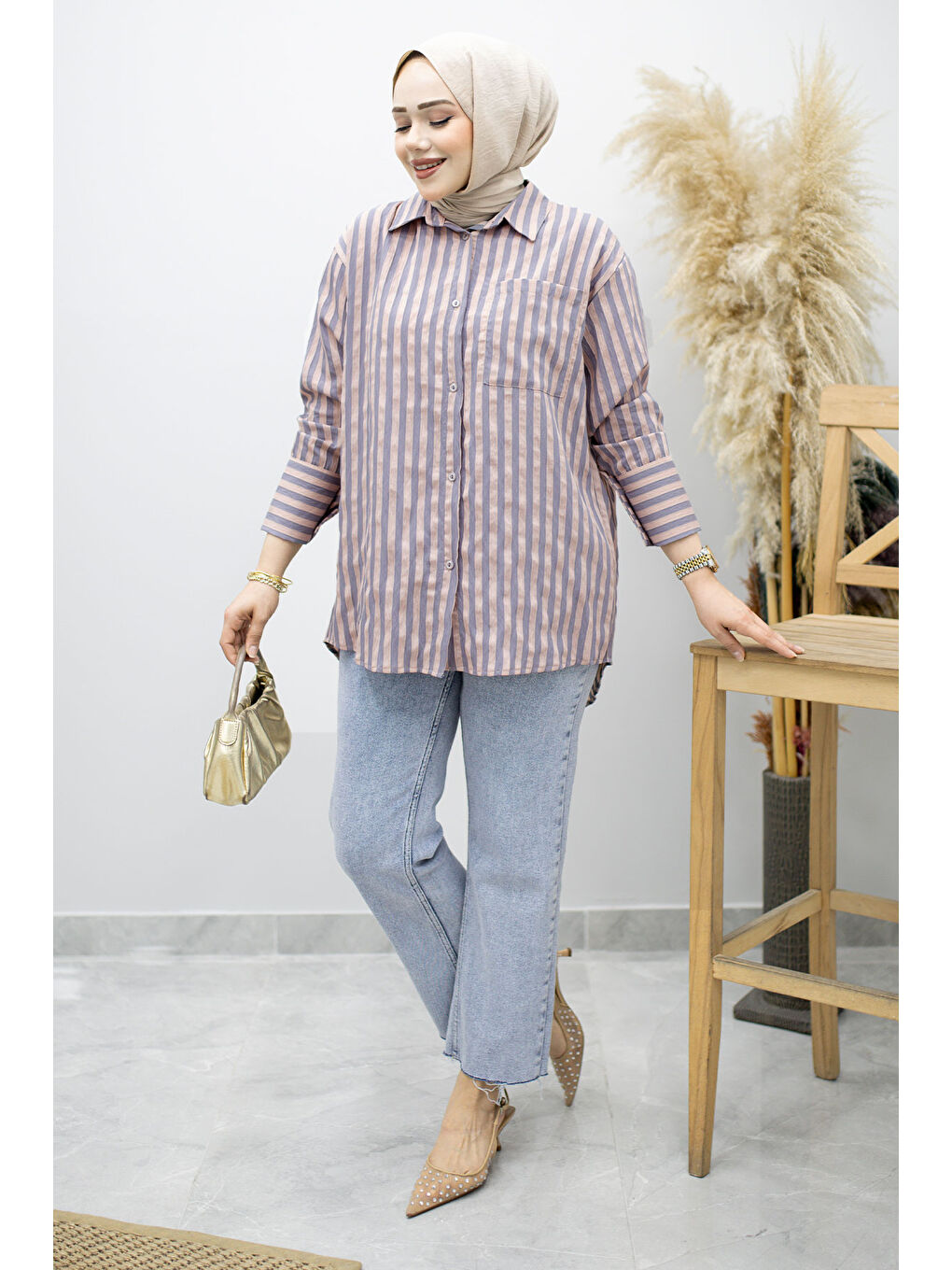 Pembe Çizgili Cepli Gömlek TSD260174 Pudra-4