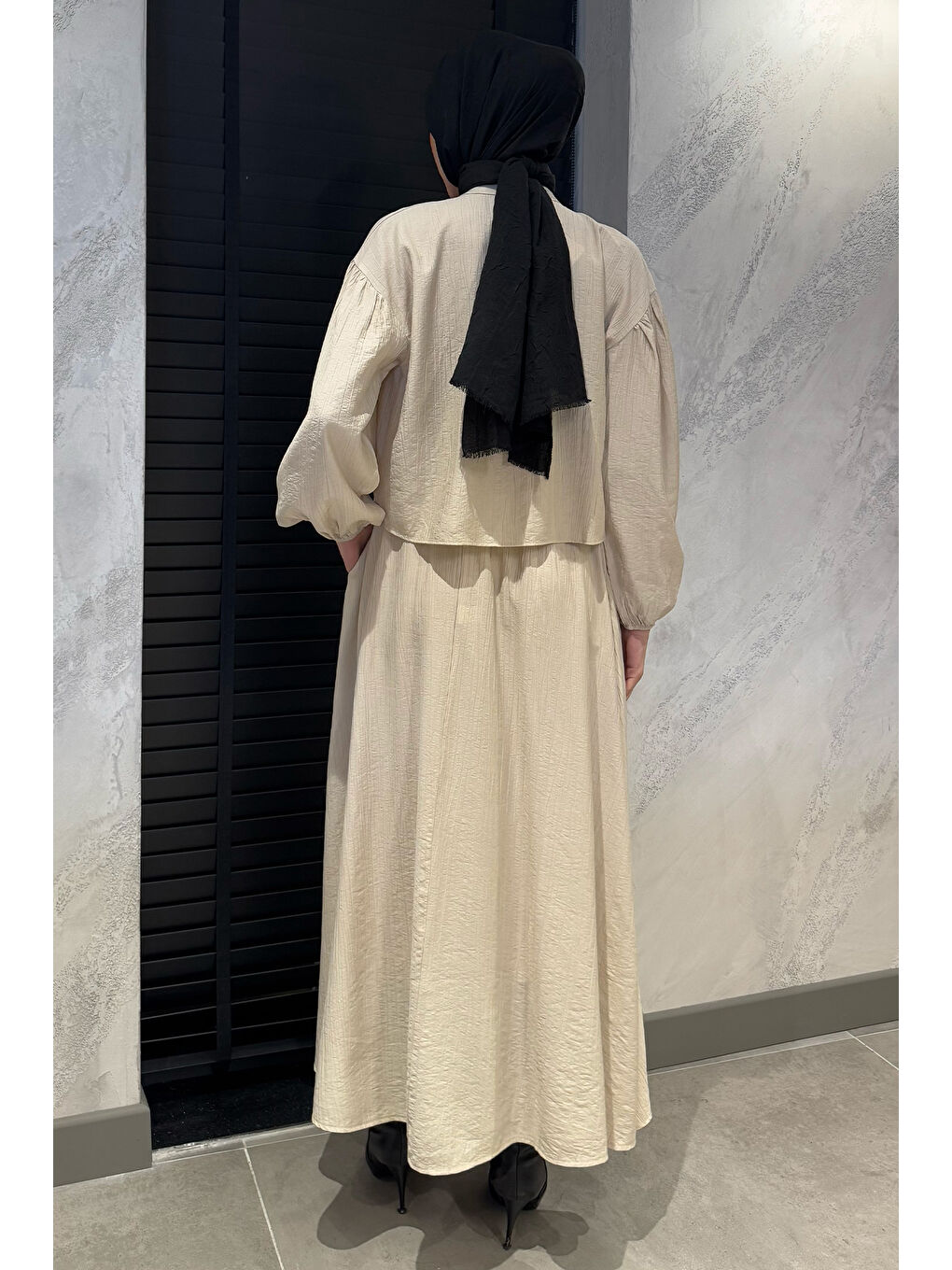 Bej Cep Detaylı Etek Gömlek Tesettür İkili Takım-6