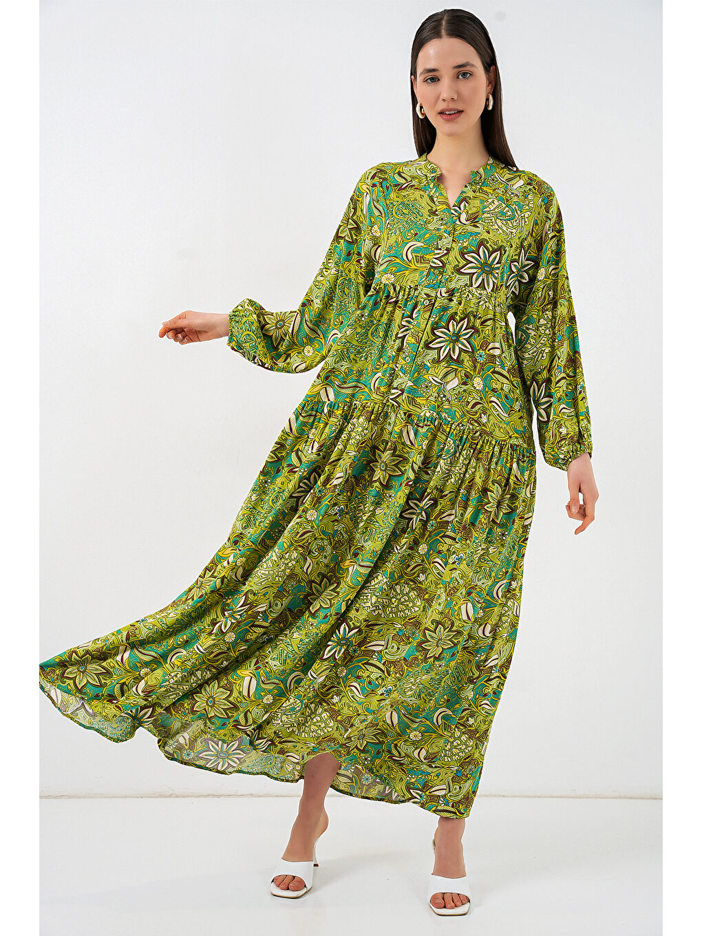 Bej Kadın Desenli Uzun Tesettür Elbise 2585 - G.Yeşil-2