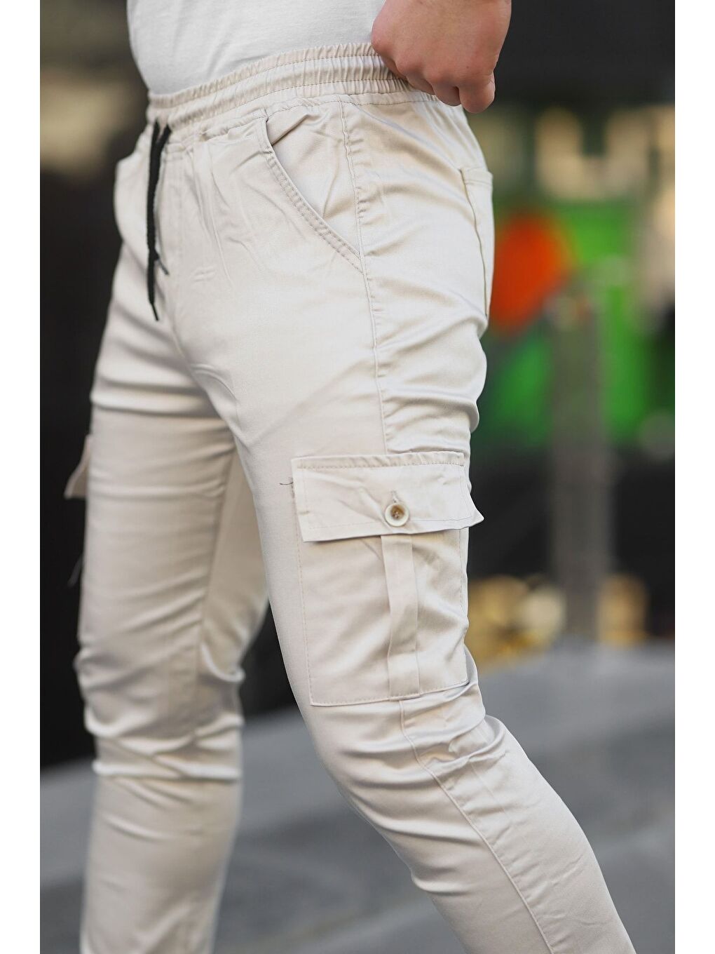 Bej Erkek Slim Fit Beli Ve Paçası Lastikli Kargo Cep Pantolon-1