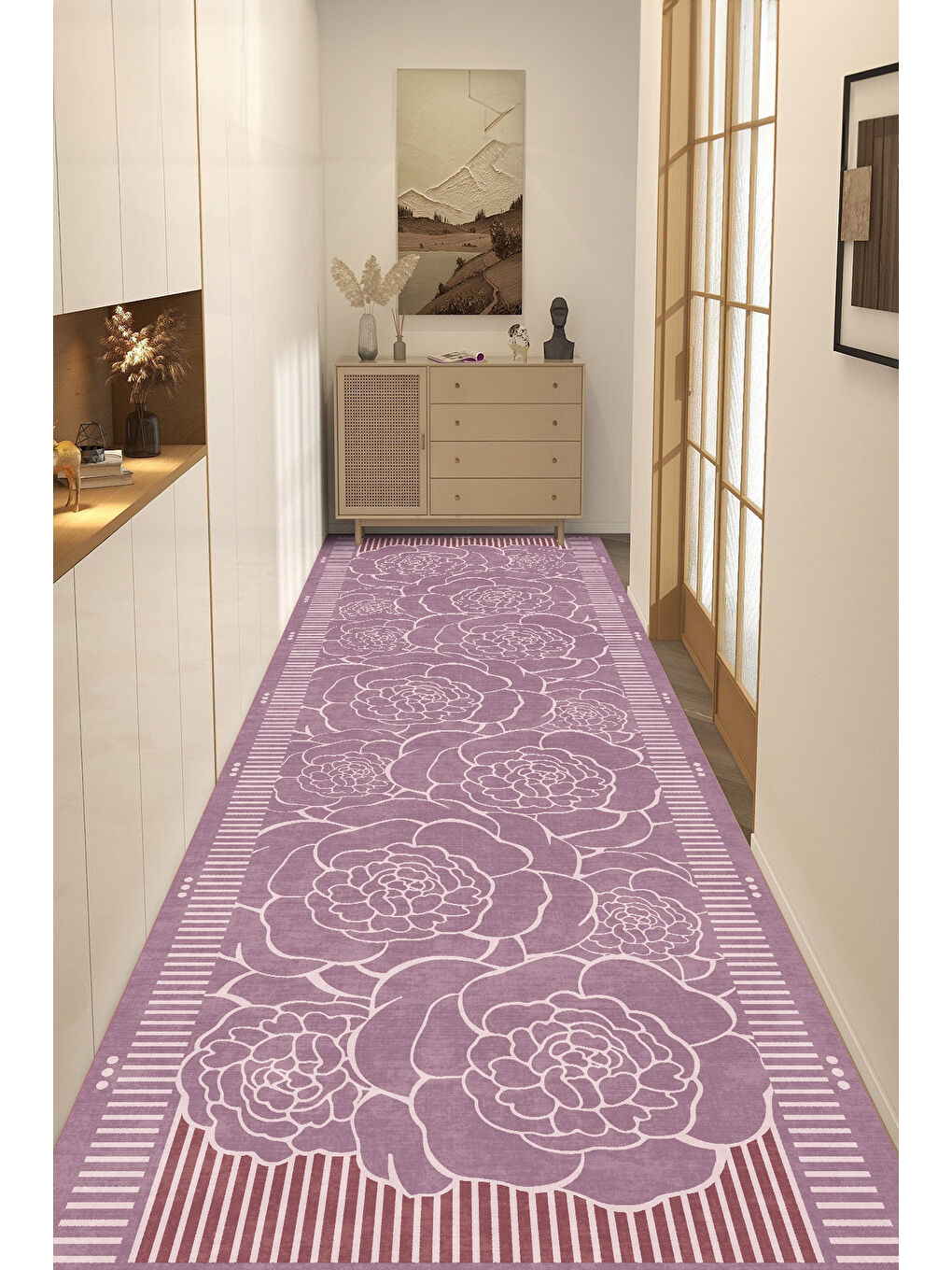 Pembe Dekoratif Salon Halısı, Makinada Yıkanabilir, Kaymaz Taban, İnce & Modern Tasarım-3