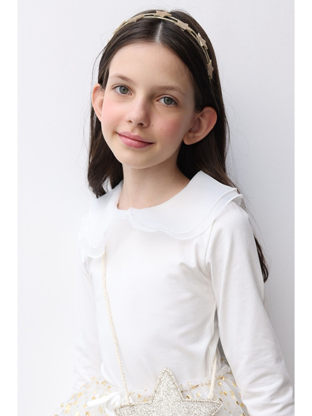 Ekru Organze Yakalı Kız Çocuk Tişört