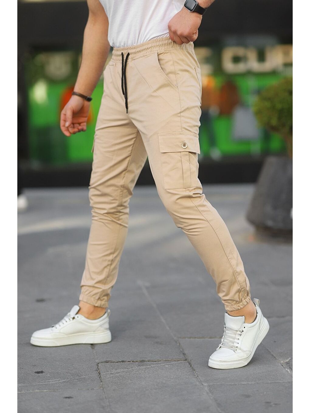 Bej Erkek Slim Fit Beli ve Paçası Lastikli Kargo Cep Pantolon-2