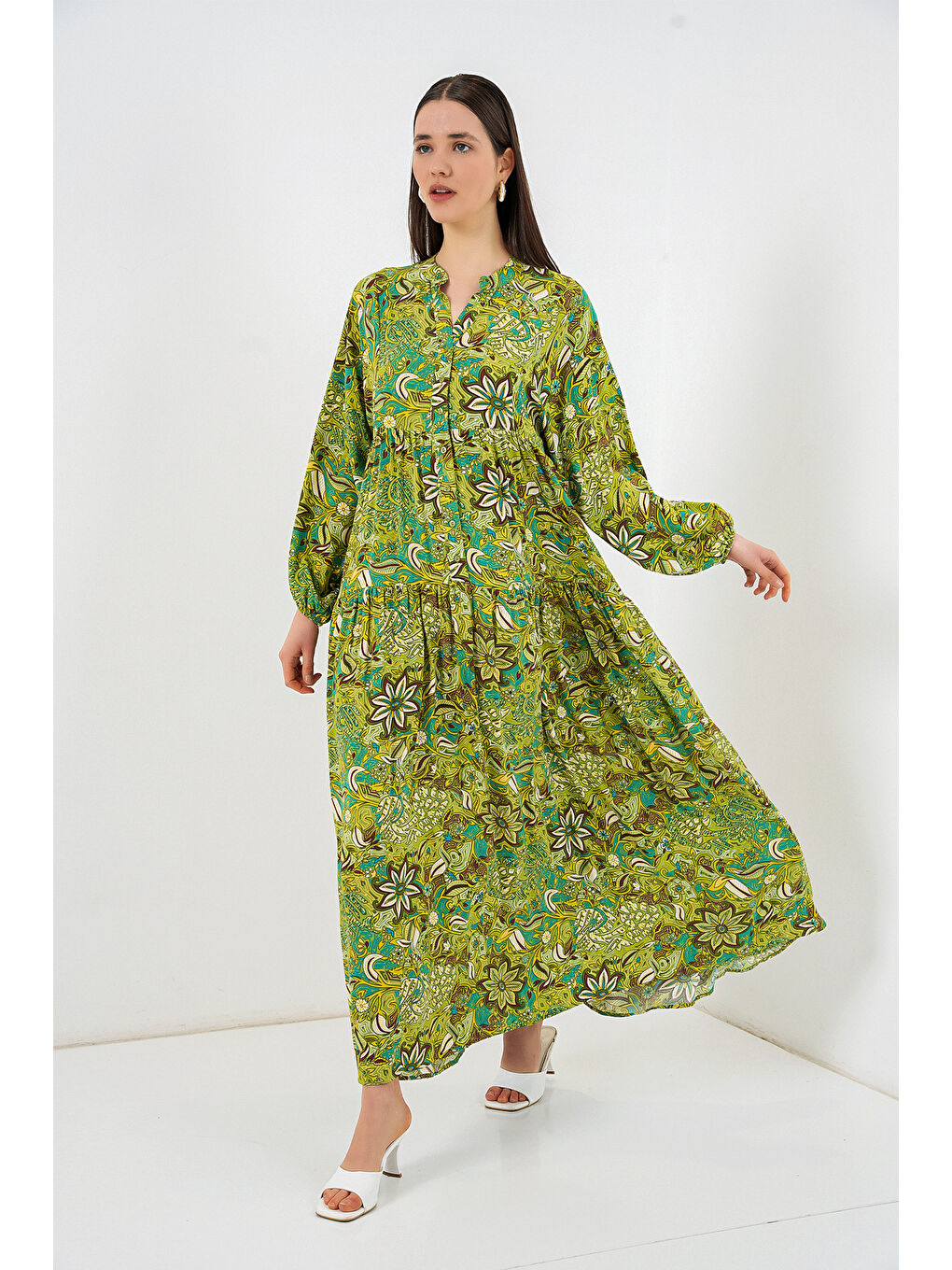 Bej Kadın Desenli Uzun Tesettür Elbise 2585 - G.Yeşil-3