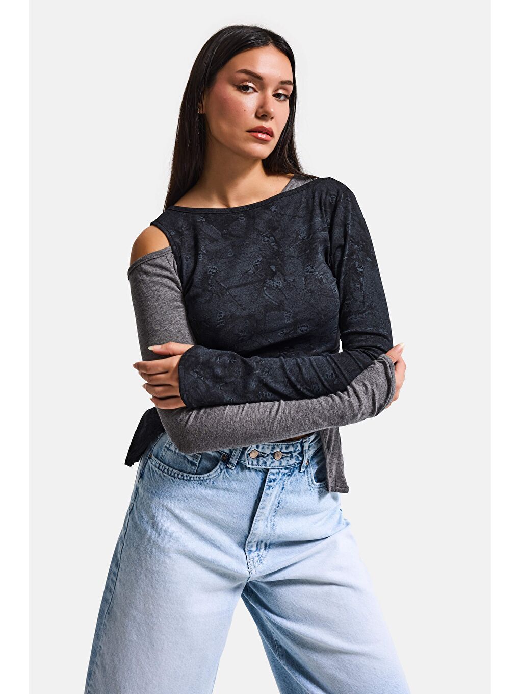 Kadın Siyah w5 Çift Parça Asimetrik Kesim Özel Tasarım Body-1